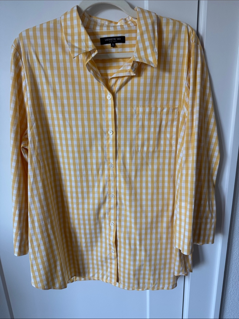 Lafayette 148 New York Yellow and White Gingham Button-Up Blouse